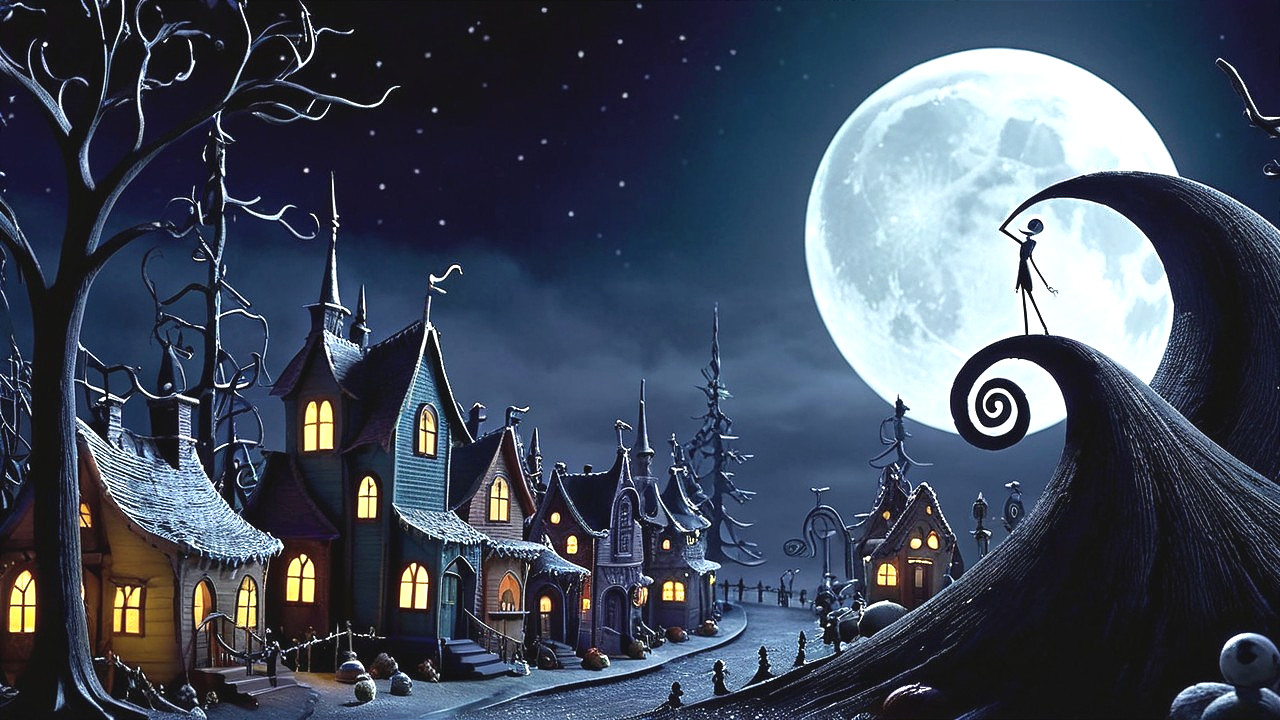 Gothic Village Landscape with Twisted Trees and Moon