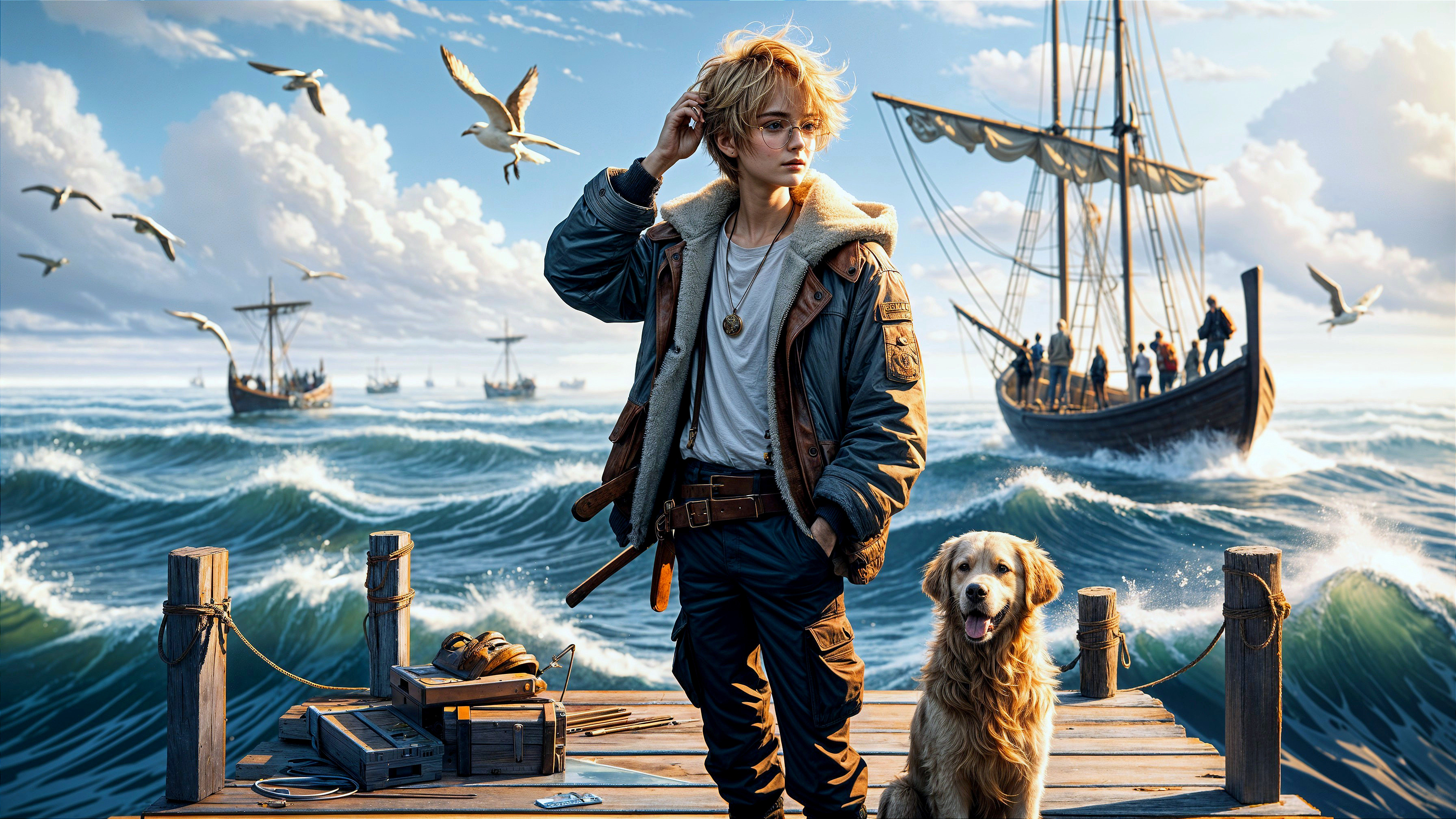 Young Adventurer on Dock with Dog and Sailing Ship