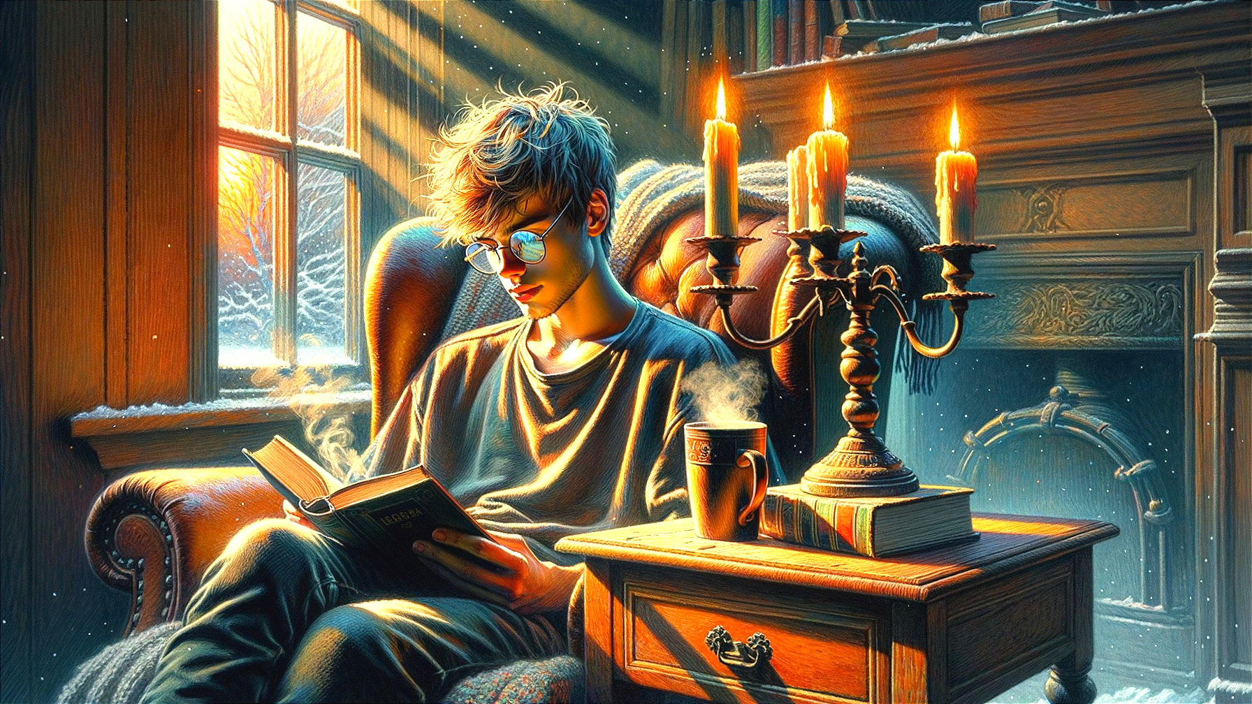 Cozy Reading Scene by a Window with Snow Outside