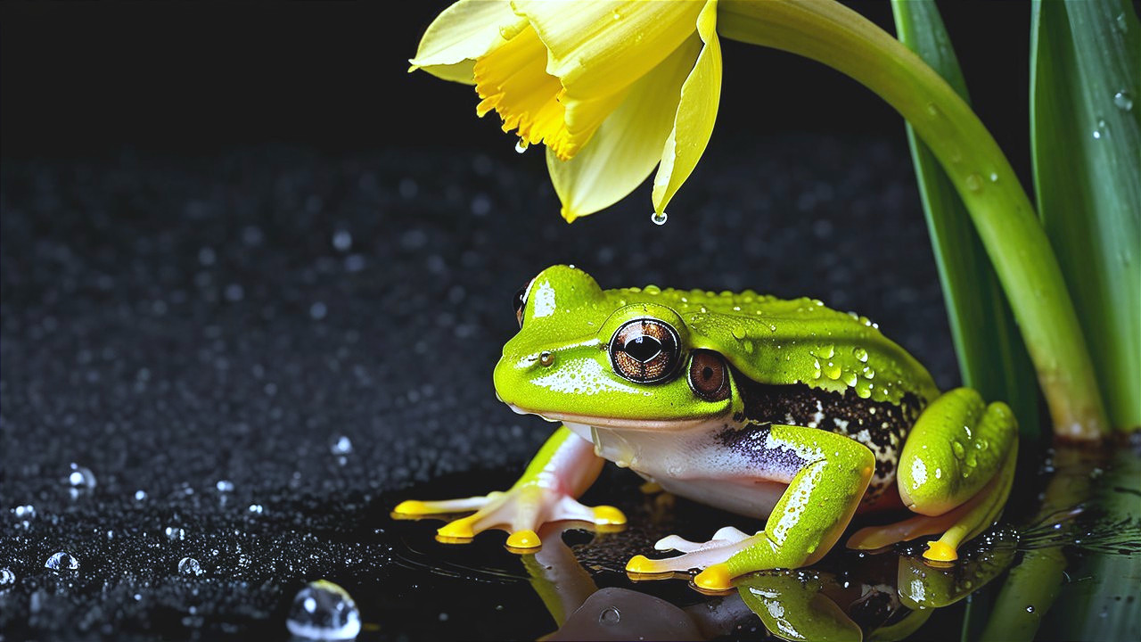 Vibrant Green Frog Near Yellow Daffodil in Nature