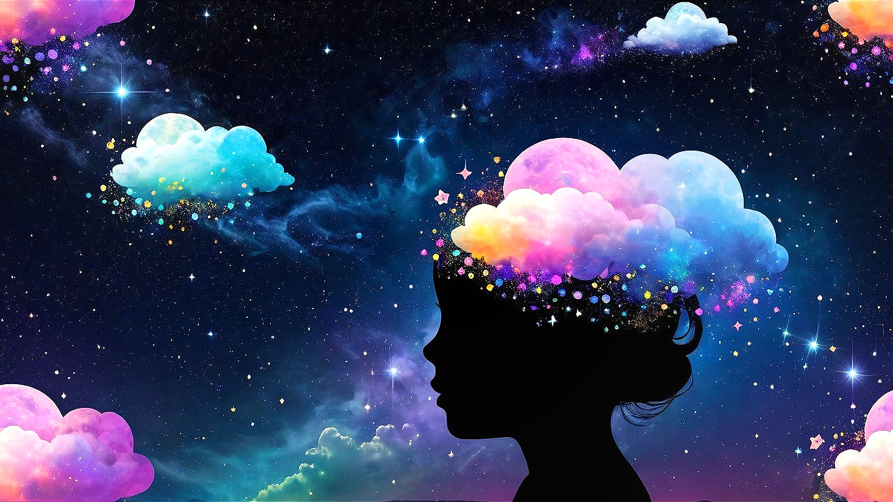 Silhouetted Girl Against Cosmic Colorful Background