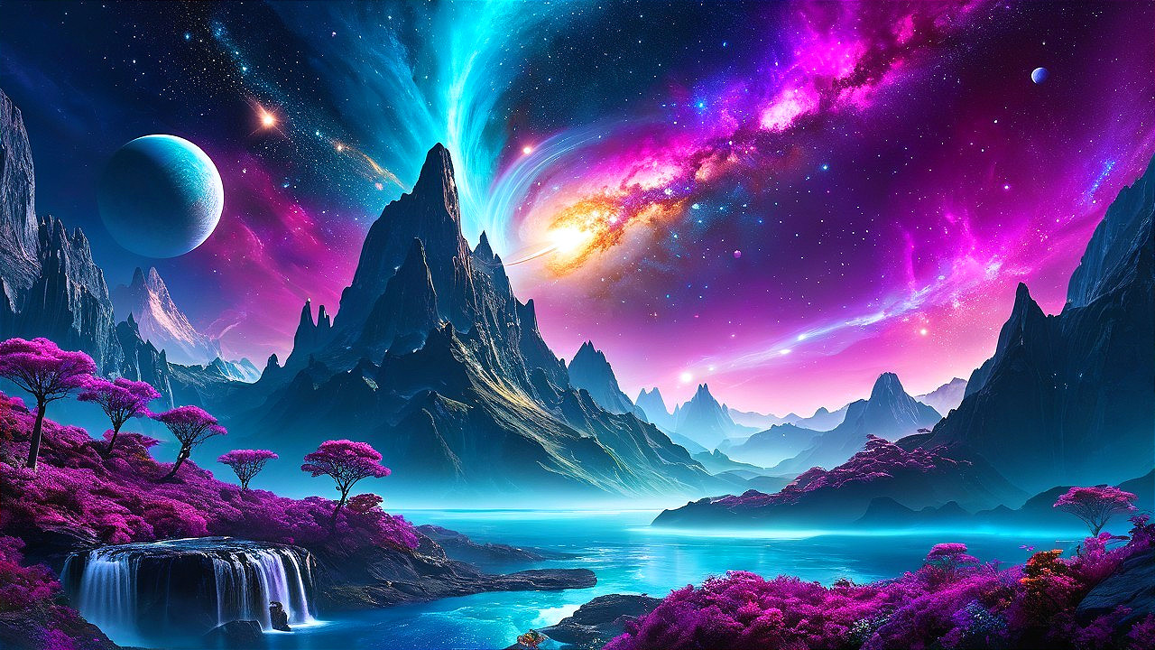 Cosmic Landscape with Mountains and Vibrant Sky