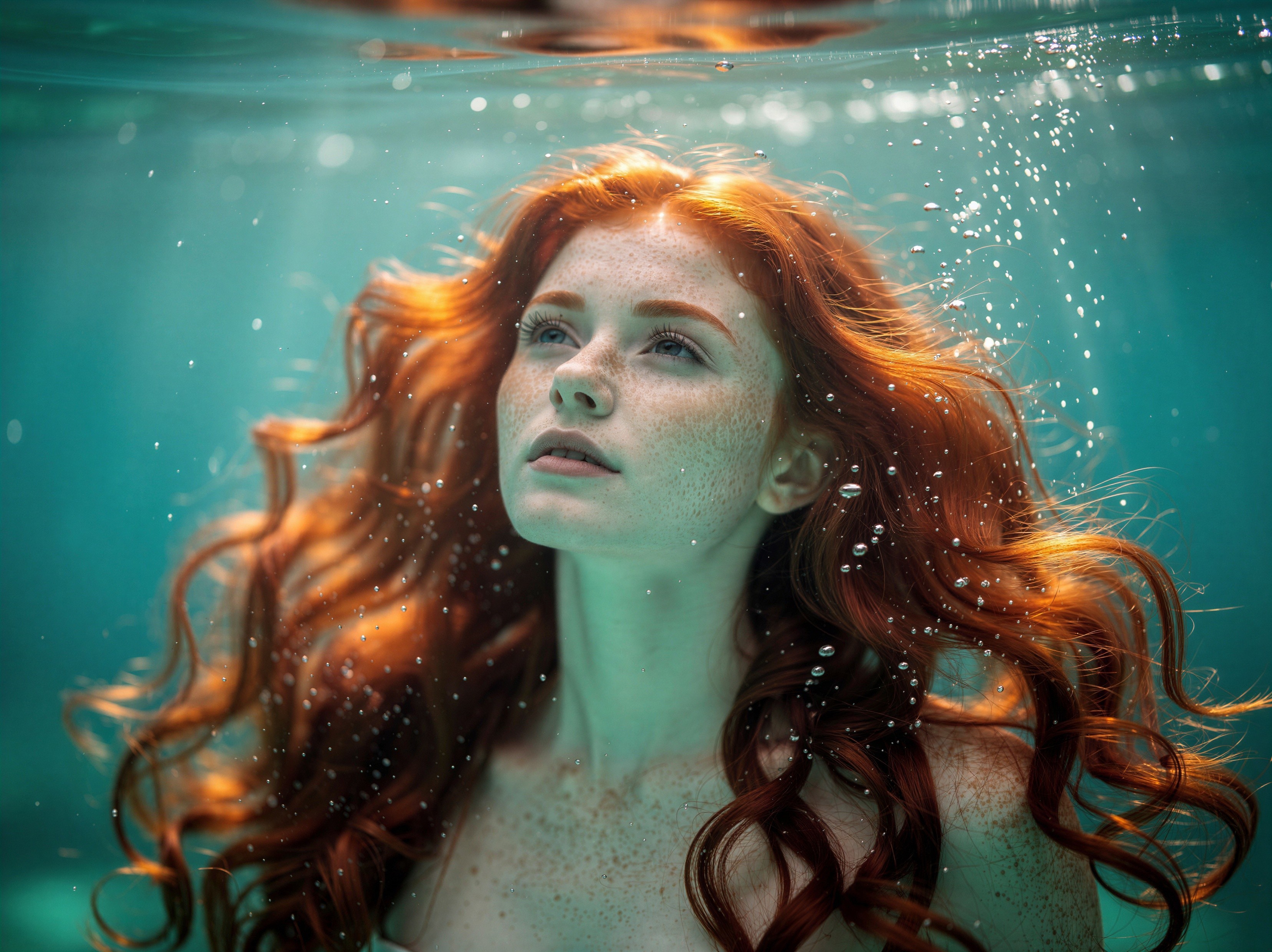 Underwater Close-Up of a Young Woman with Auburn Hair
