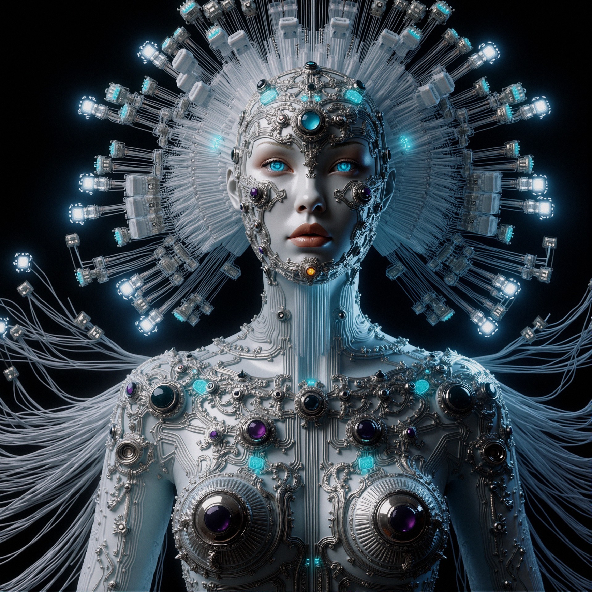 Futuristic humanoid figure with metallic and luminous design