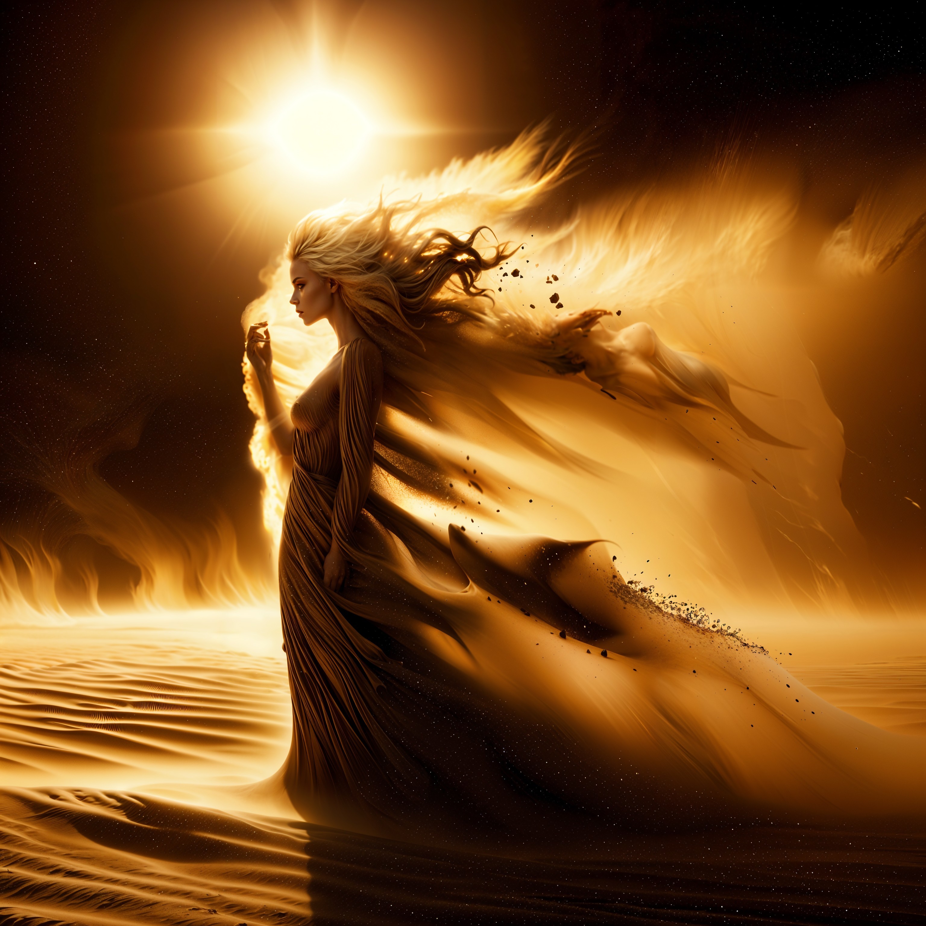Mystical Figure in Golden Fabric in Desert Landscape