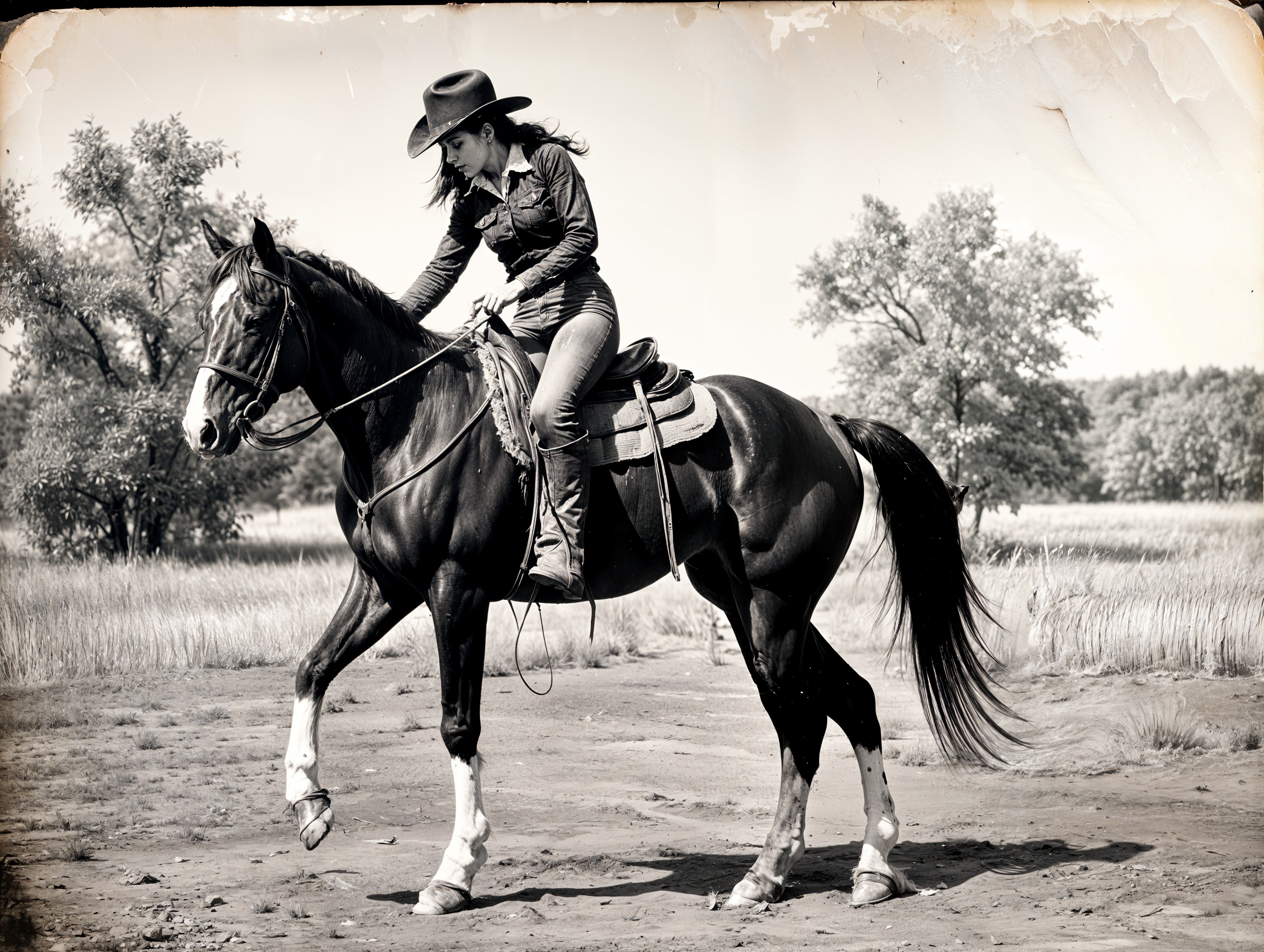 Woman in Cowboy Hat Riding Black Horse Outdoors
