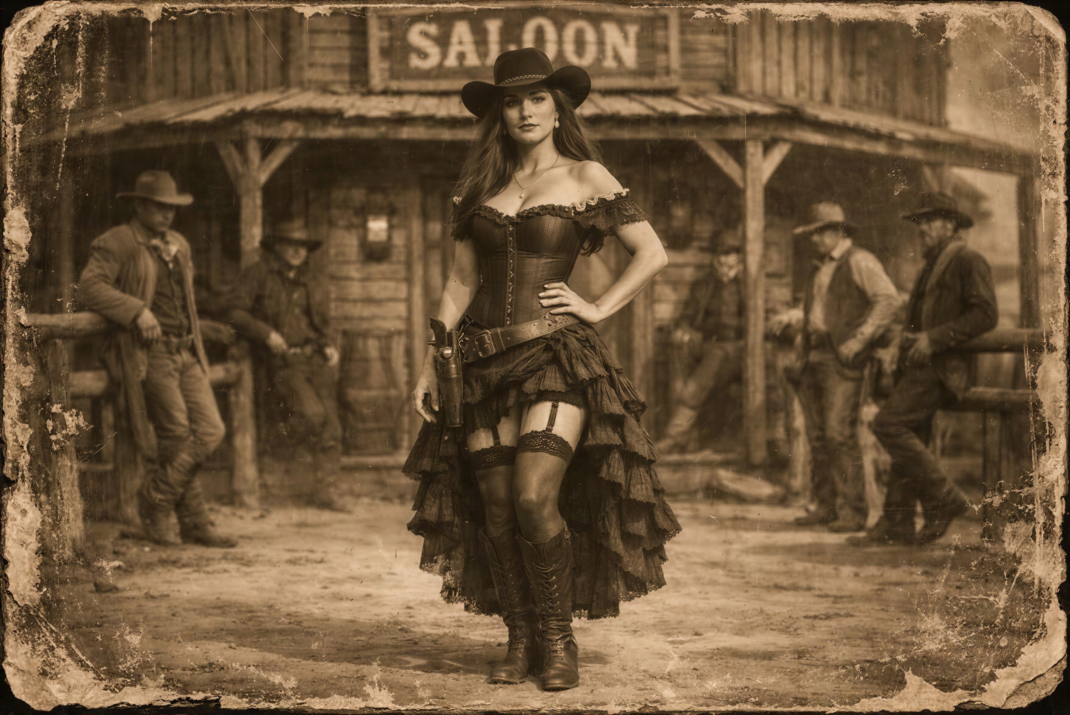 Vintage Sepia Photo of a Cowgirl by a Saloon