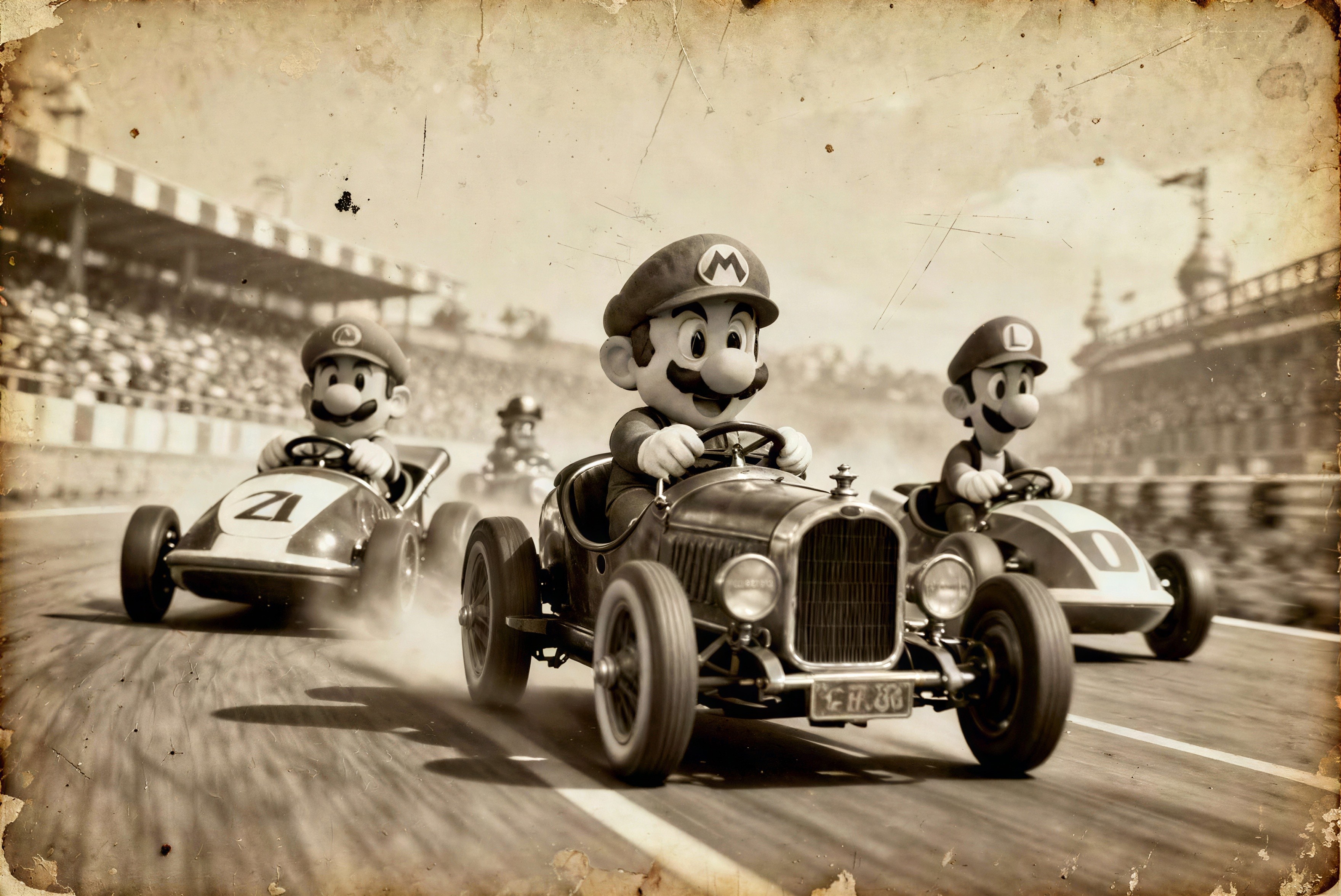Vintage Photograph of Mario Kart Race in Sepia Tone
