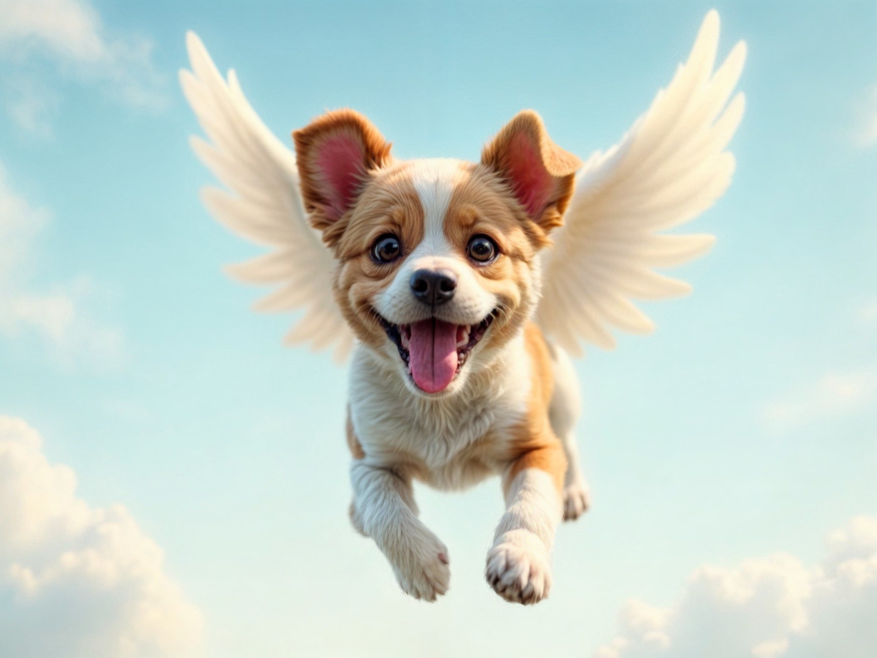 Small dog with wings soaring in a blue sky