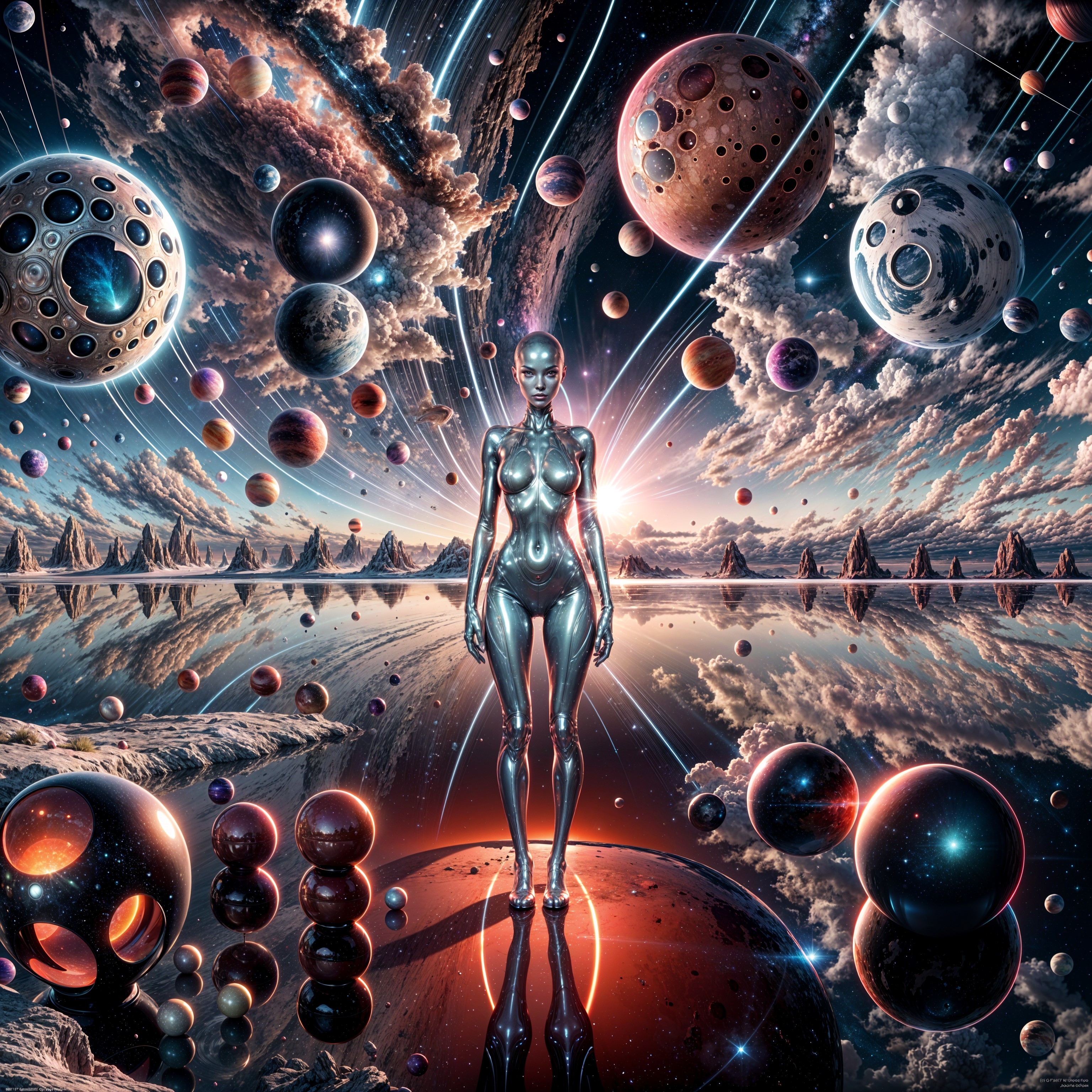 Futuristic Humanoid in Cosmic Landscape Scene