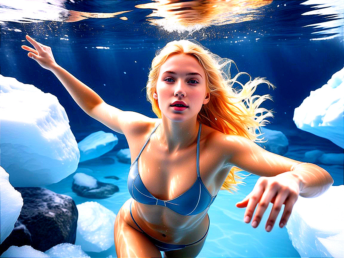 Woman Swimming Gracefully Among Ice and Rocks