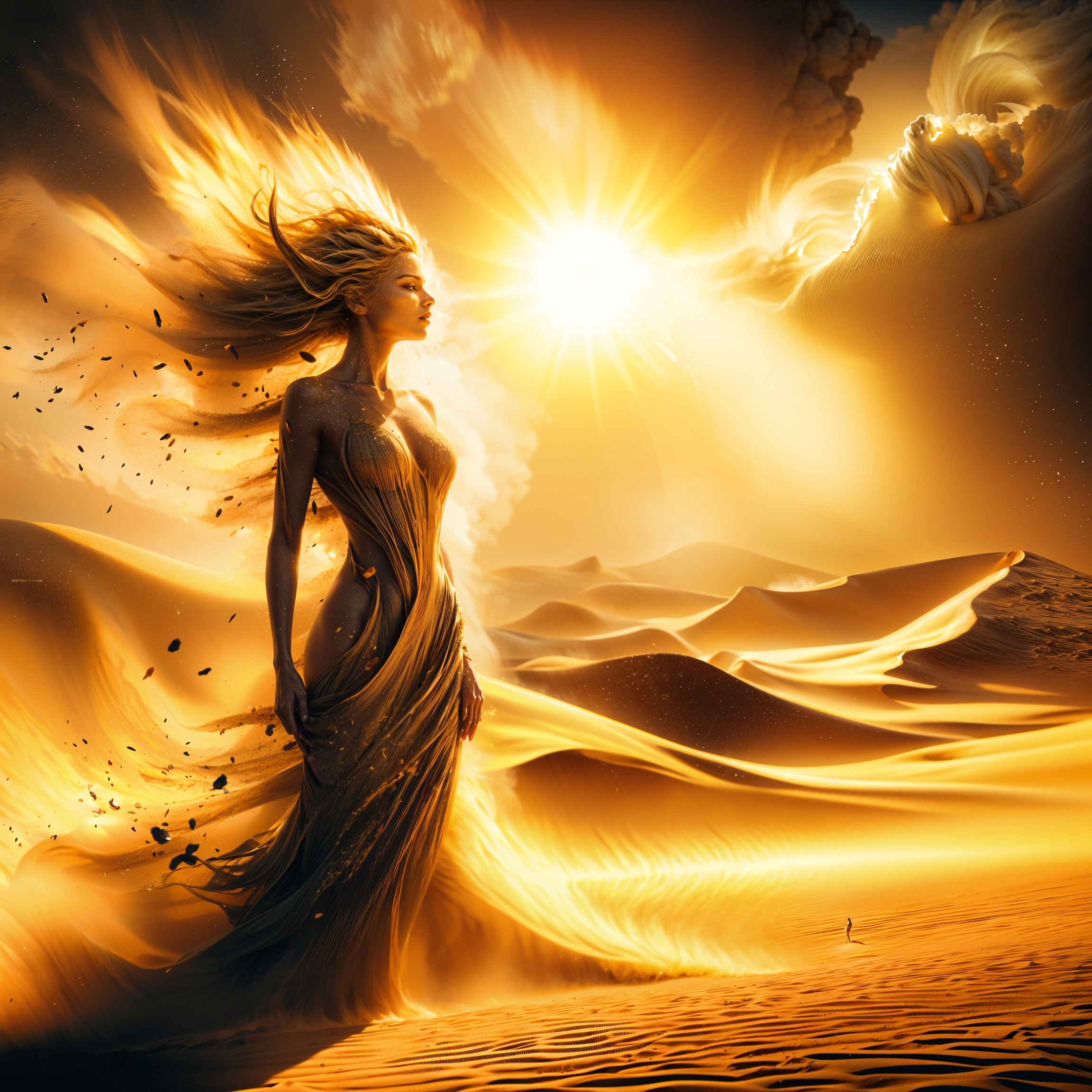 Majestic figure in a golden desert landscape