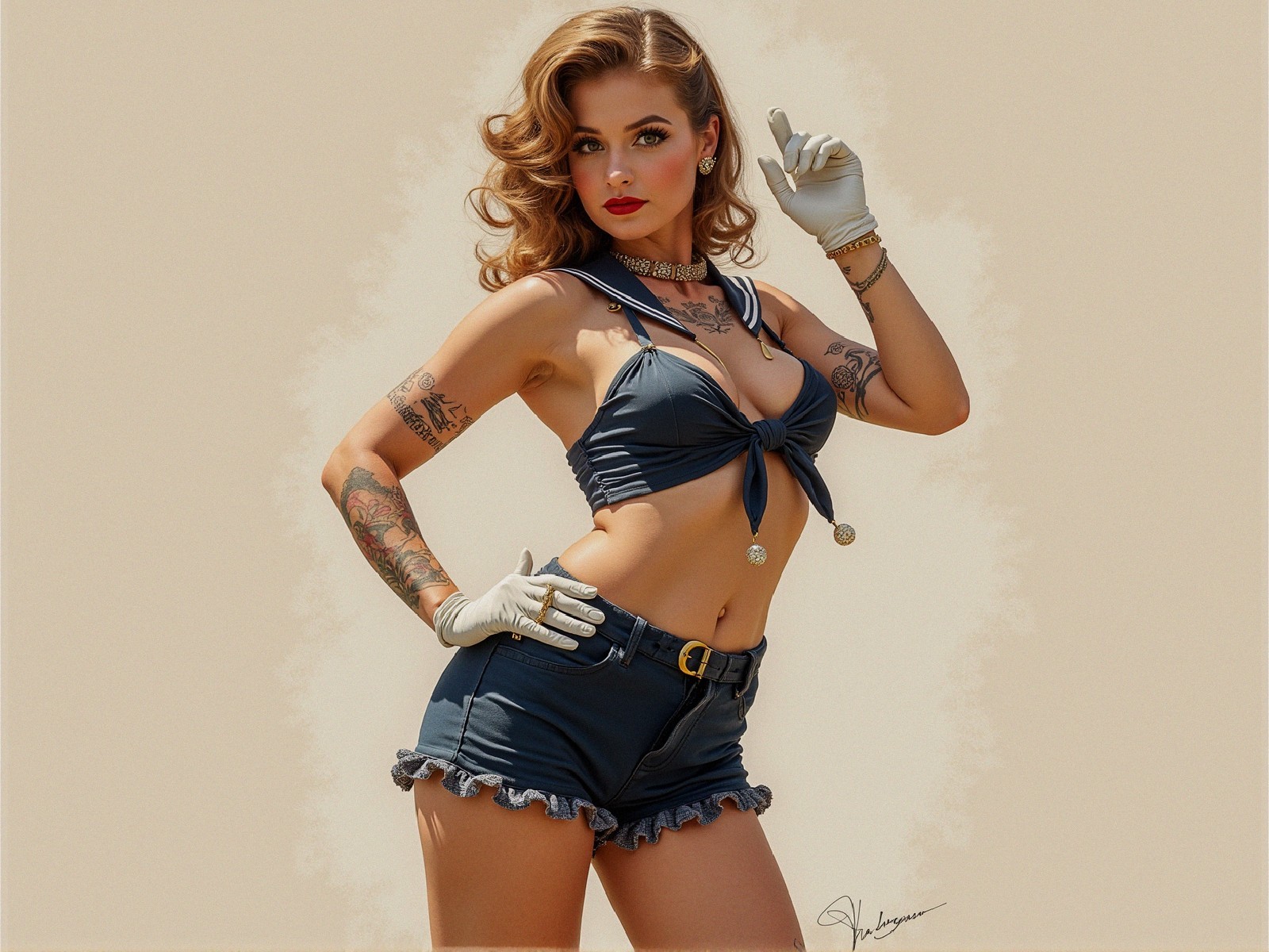Vintage-Inspired Outfit with Retro Hairstyle and Tattoos