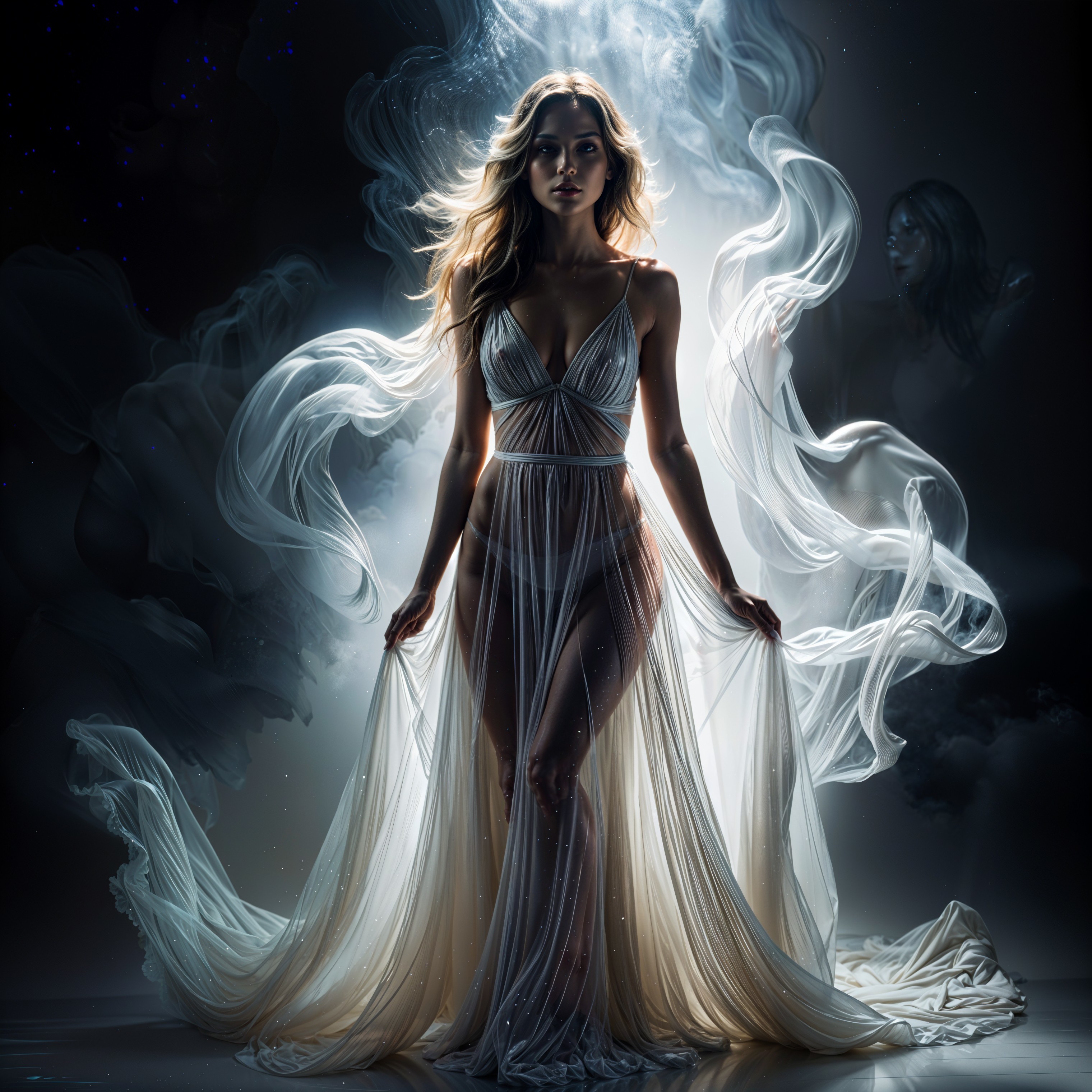 Ethereal Figure in Flowing Fabric with Mystic Aura