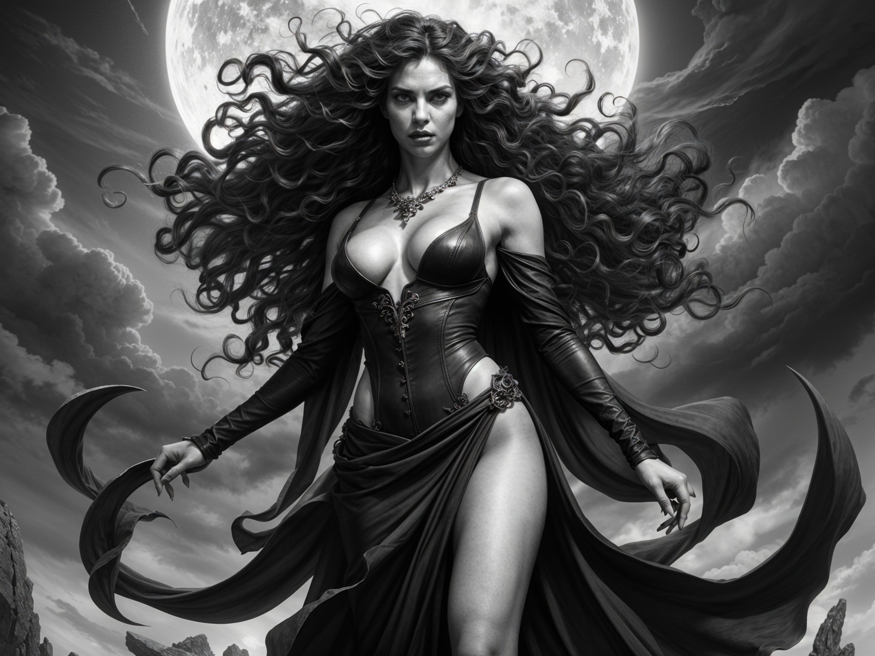 Woman in Dark Gown Under Full Moon and Clouds