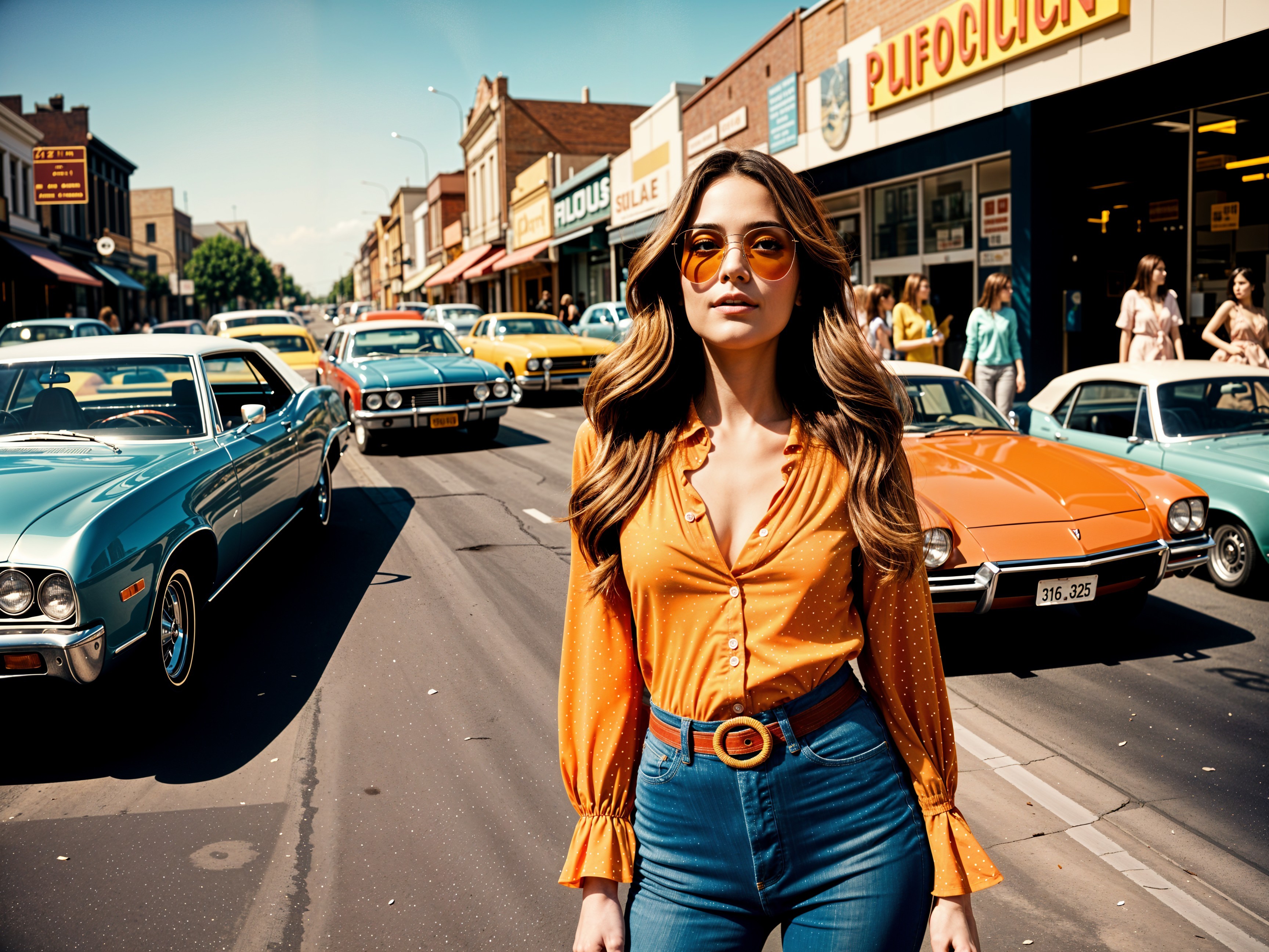 Young woman in vintage street with classic cars