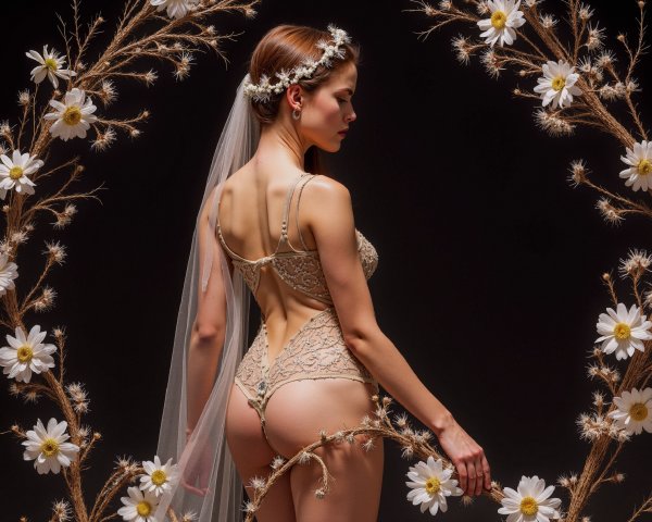 Profile of a Figure in Lace Lingerie with Floral Crown