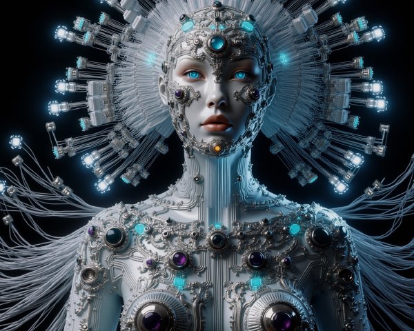 Futuristic humanoid figure with metallic and luminous design
