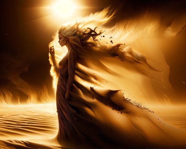 Mystical Figure in Golden Fabric in Desert Landscape