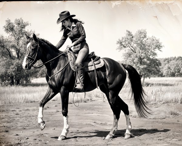 Woman in Cowboy Hat Riding Black Horse Outdoors