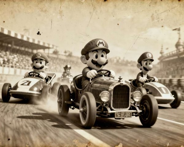 Vintage Photograph of Mario Kart Race in Sepia Tone