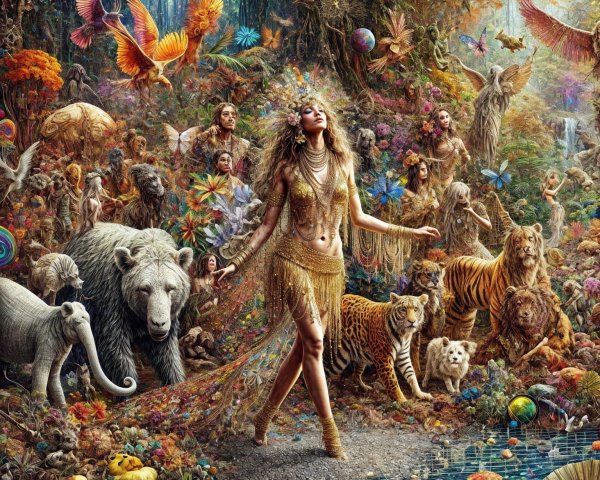 Vibrant Enchanted Forest with Diverse Animals and Flora