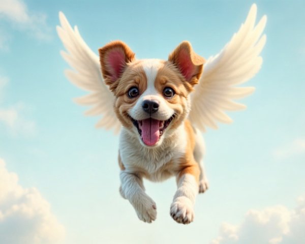 Small dog with wings soaring in a blue sky