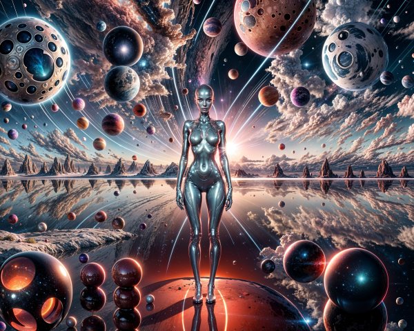 Futuristic Humanoid in Cosmic Landscape Scene