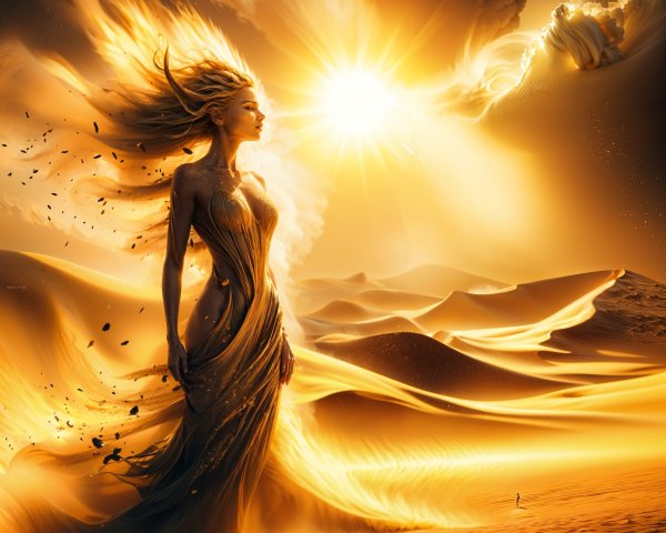 Majestic figure in a golden desert landscape