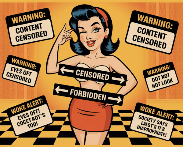 Retro Cartoon Woman with Censorship Signs and Background