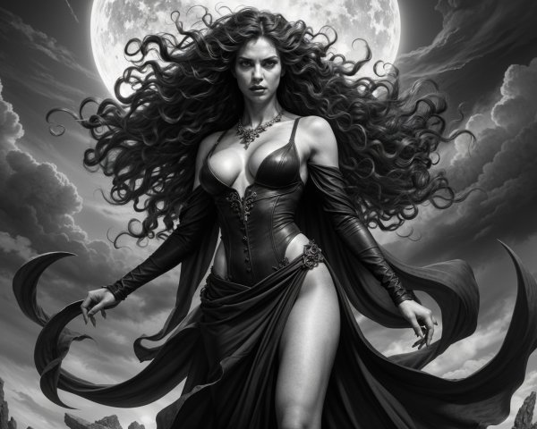 Woman in Dark Gown Under Full Moon and Clouds