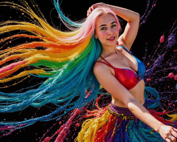 Vibrant Scene of Woman with Rainbow Hair and Colors