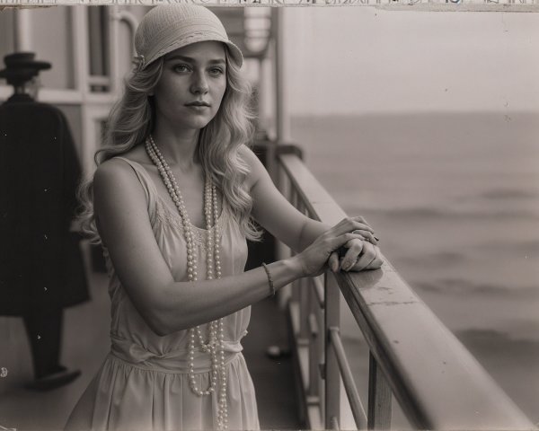 Vintage Woman in Dress on Ship's Deck by Ocean