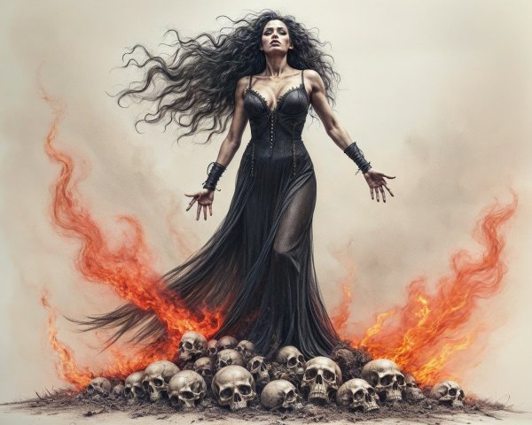 Figure in Black Gown Surrounded by Skulls and Flames
