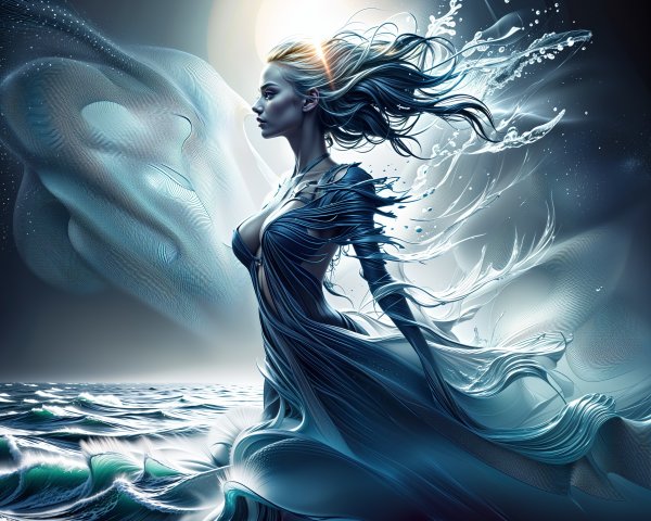 Serene figure at the shore in flowing gown and waves