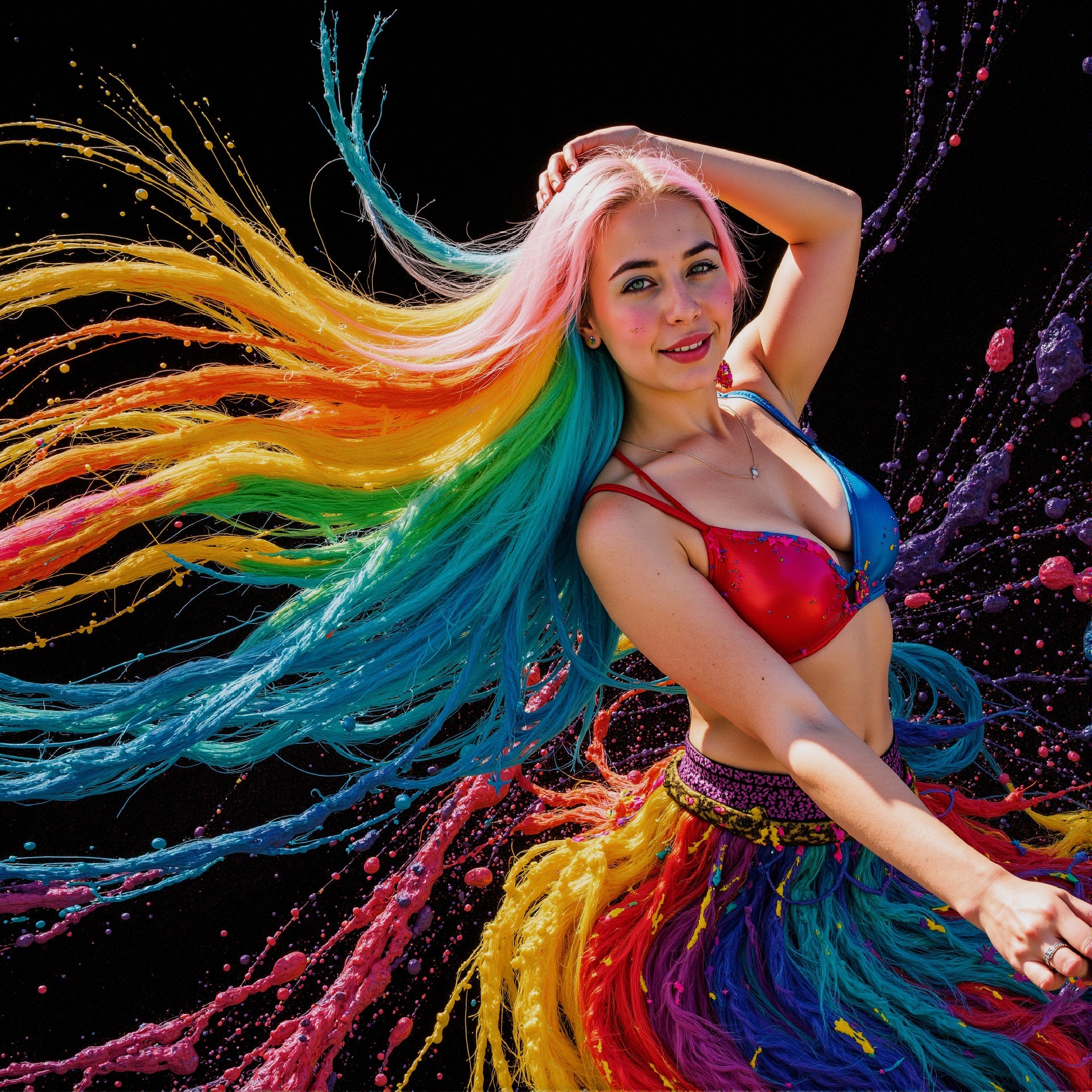 Vibrant Scene of Woman with Rainbow Hair and Colors