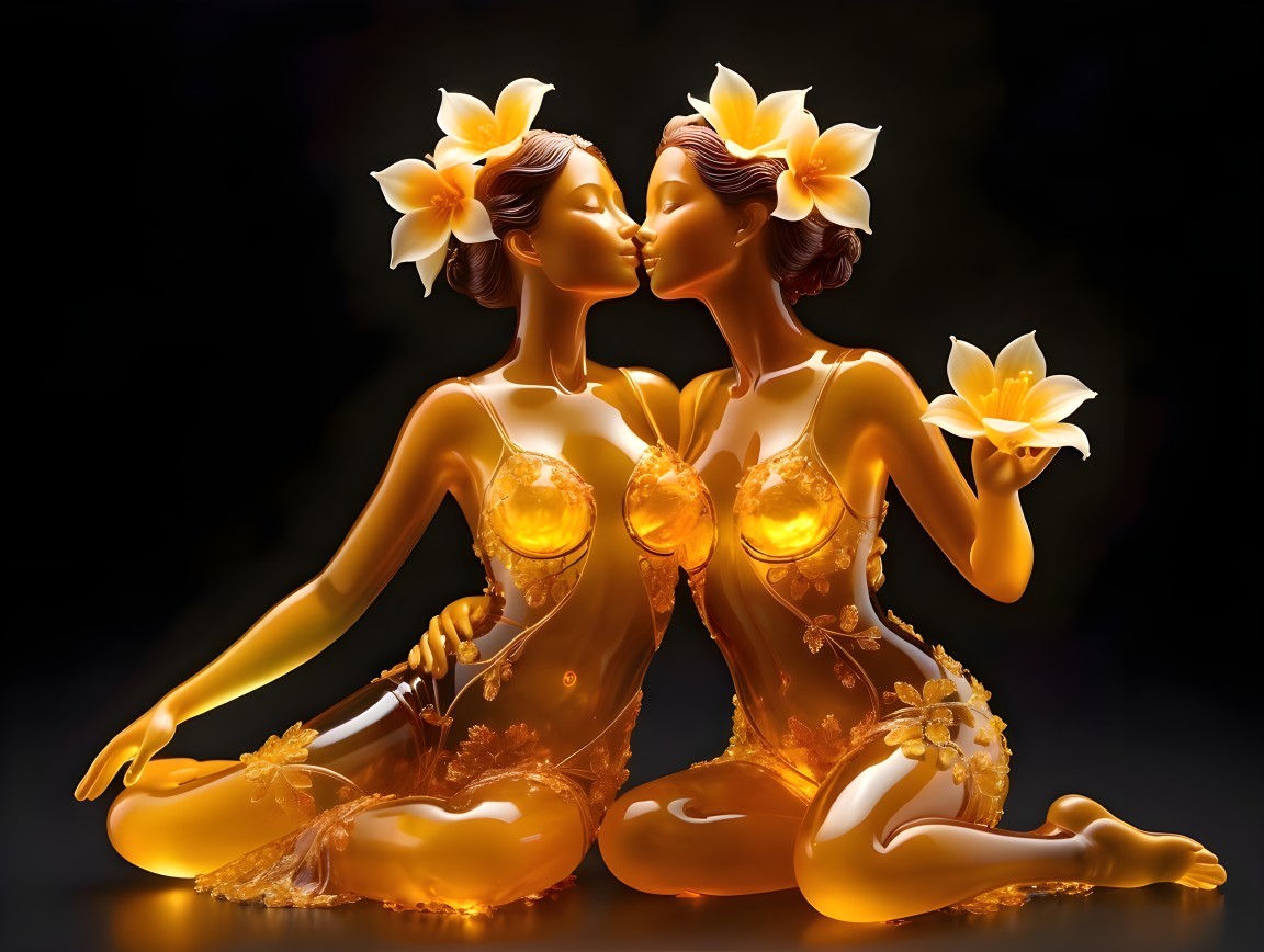 Amber Figurines Embracing with Floral Details