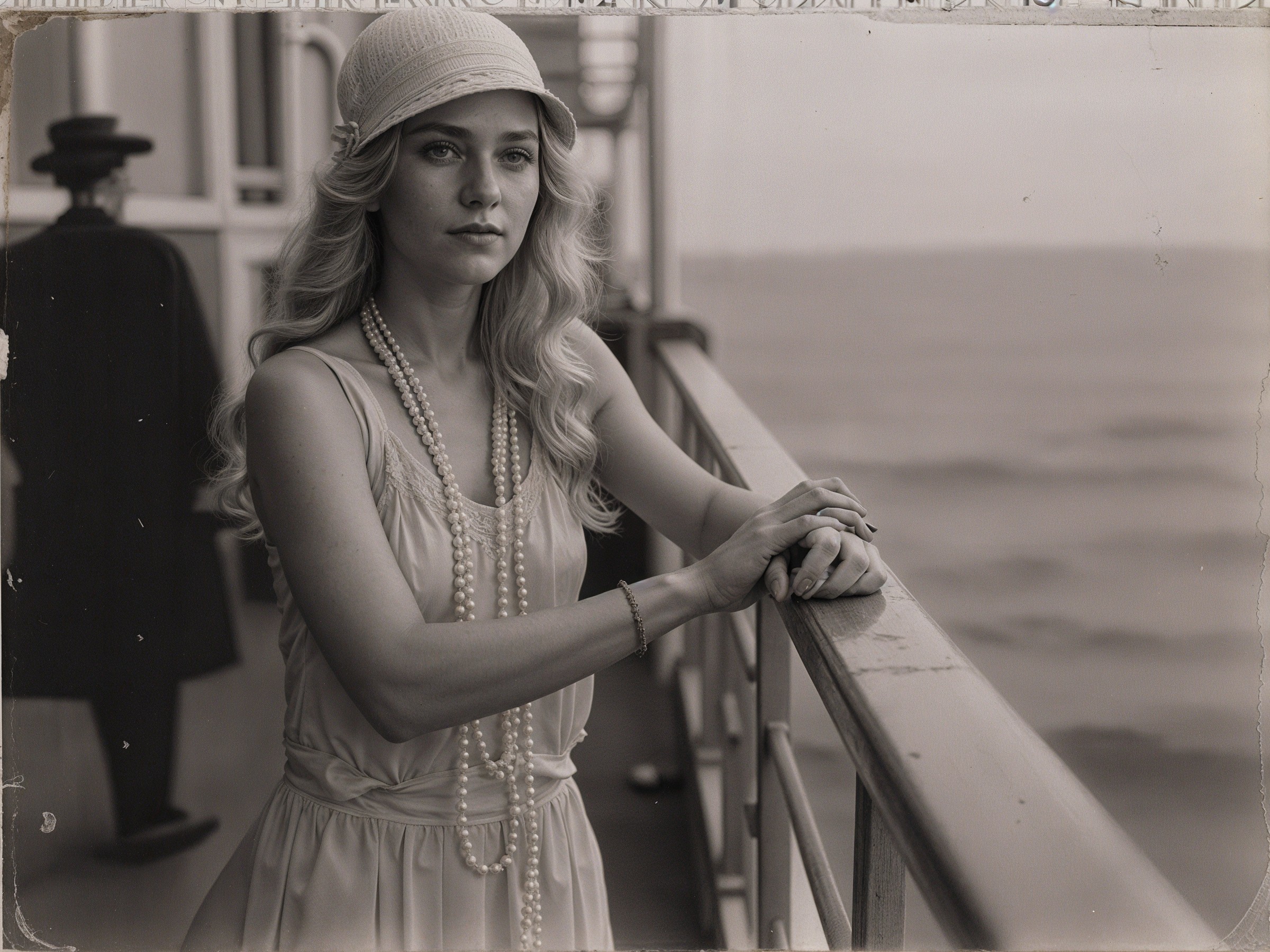 Vintage Woman in Dress on Ship's Deck by Ocean