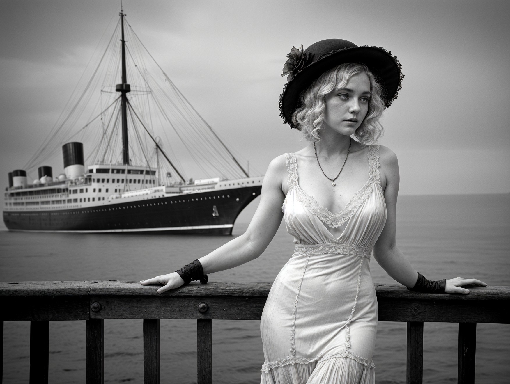 Vintage Black and White Scene of Woman on Pier