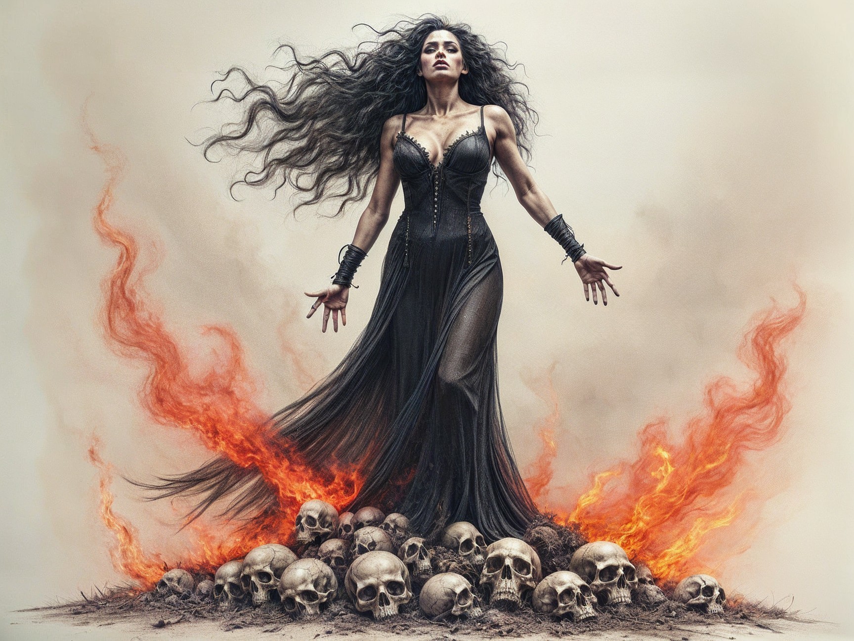 Figure in Black Gown Surrounded by Skulls and Flames