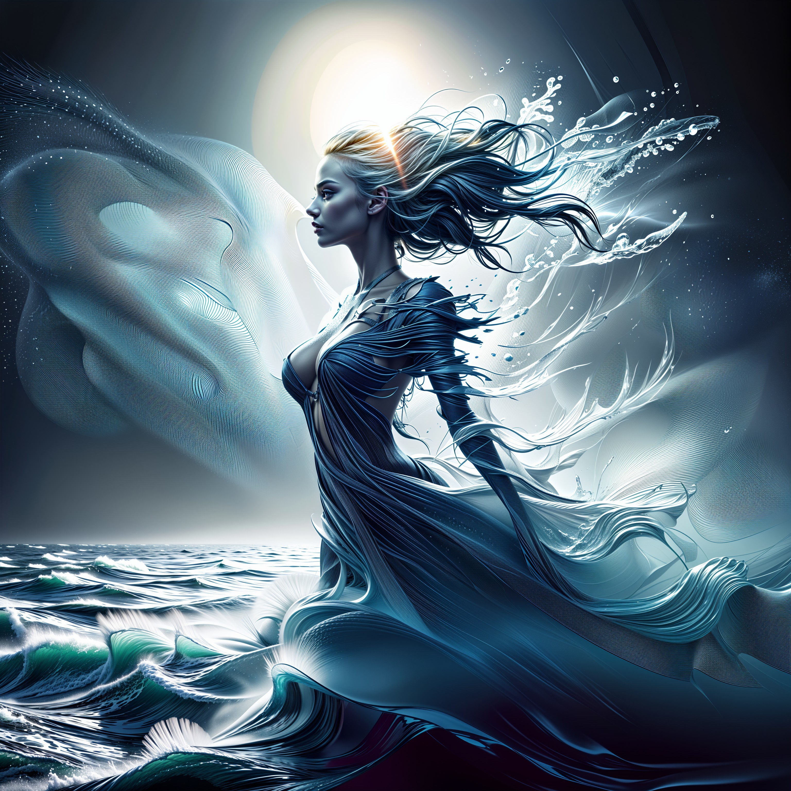 Serene figure at the shore in flowing gown and waves