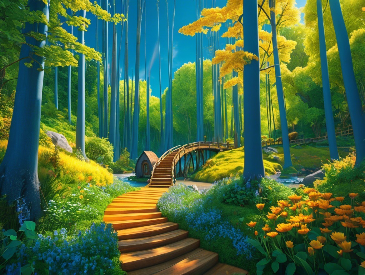 Serene forest scene with vibrant trees and bridge