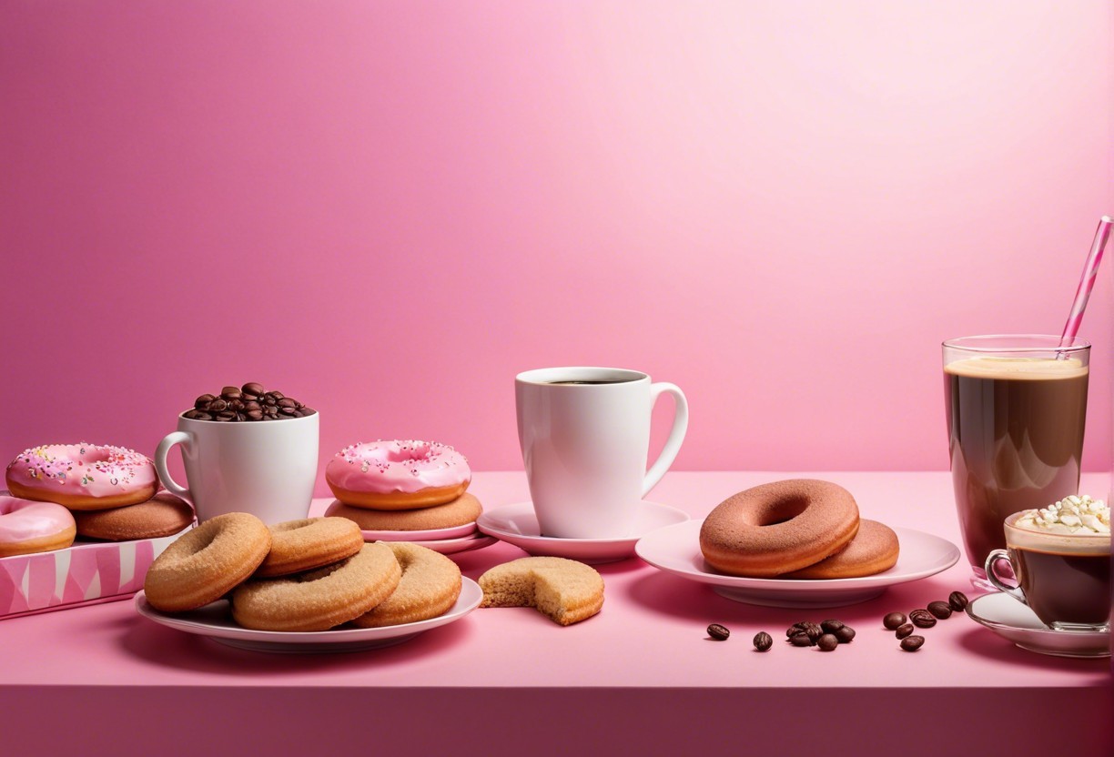 Donut Arrangement with Coffee on Pink Background