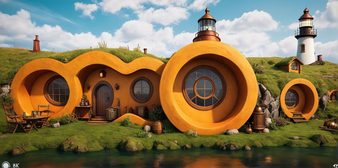 Whimsical Round Cottage with Orange Walls and Lighthouse