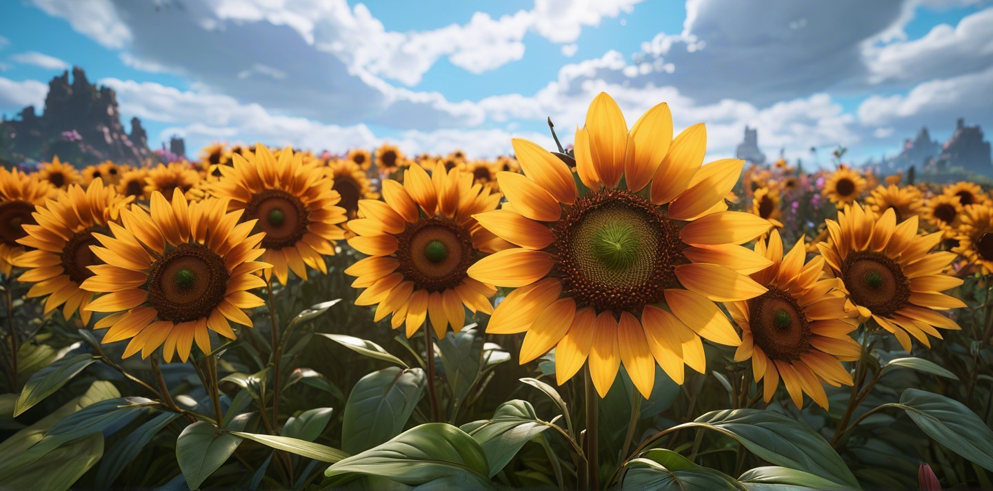 Vibrant Sunflower Field Under Blue Sky and Clouds
