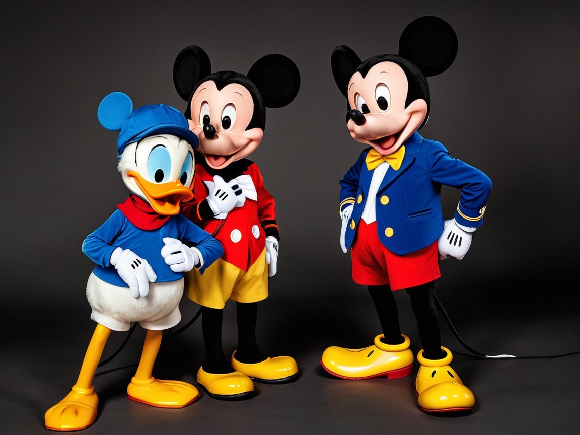 Three Cartoon Characters in Colorful Attire Together