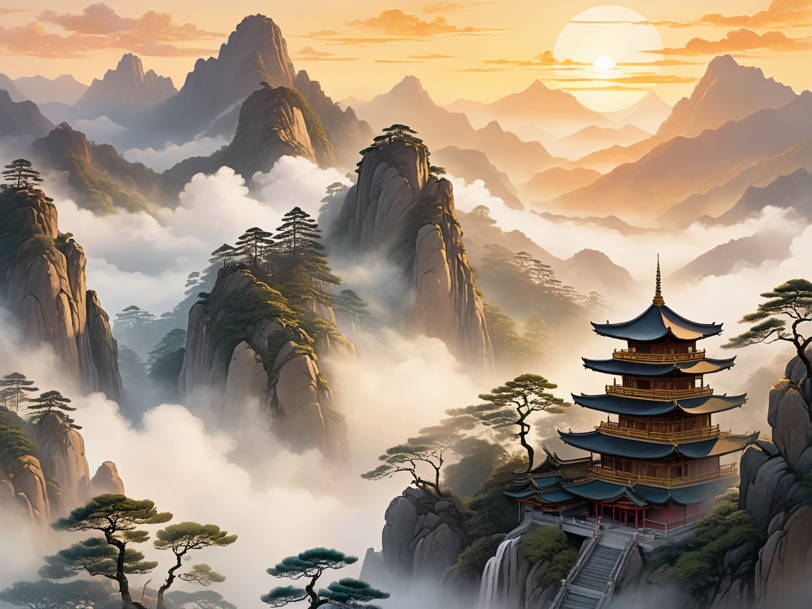 Serene Mountain Landscape with Pagoda at Sunrise