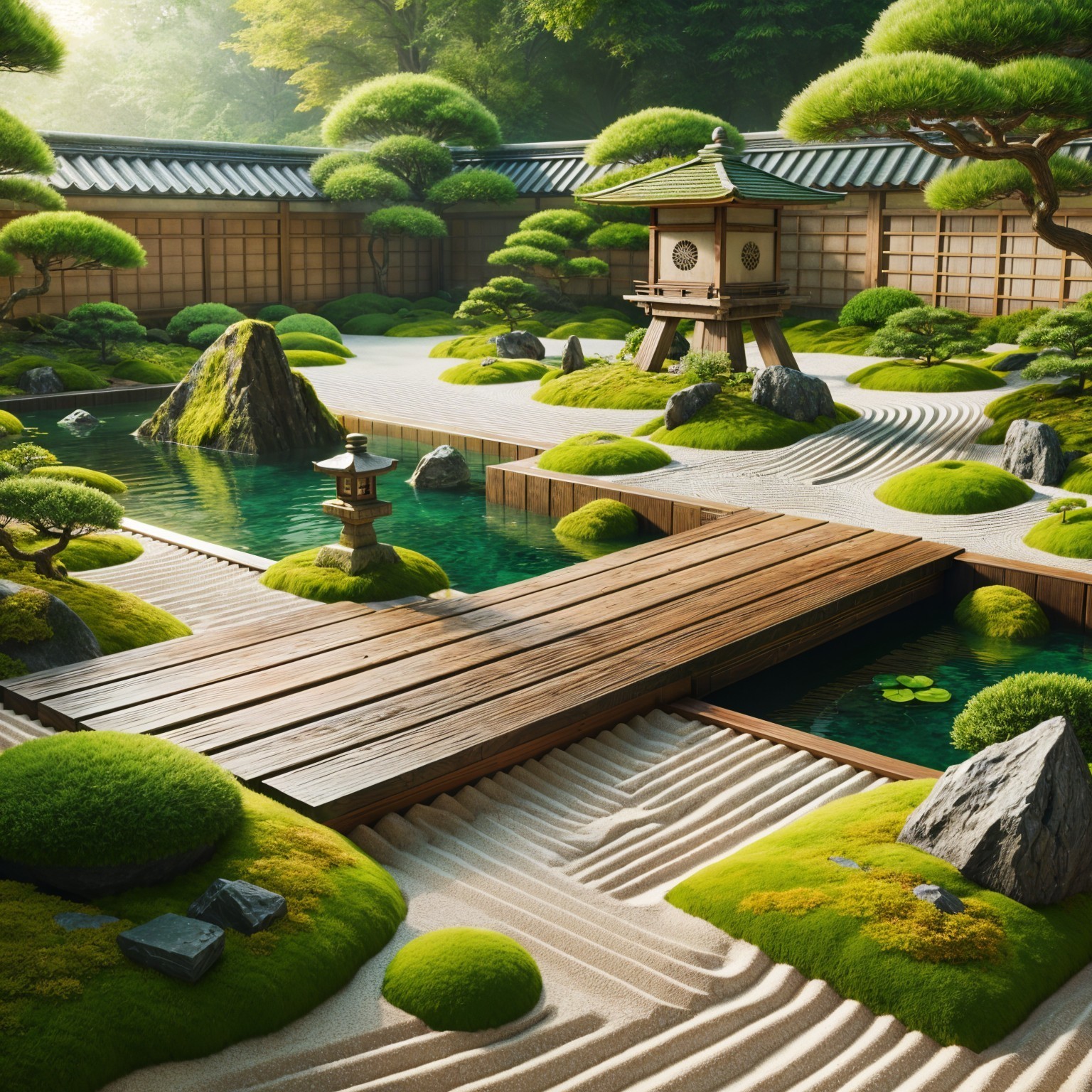 Serene Japanese Garden with Moss, Trees, and Pond