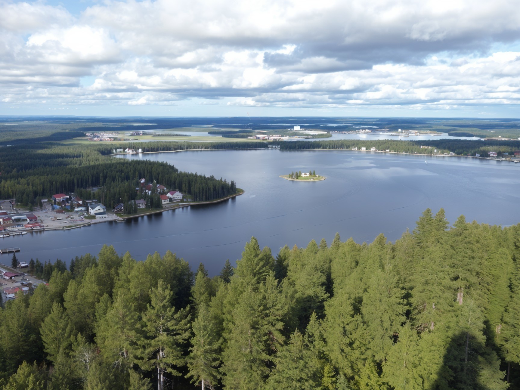 Aerial View of a Lake Surrounded by Forests and Village