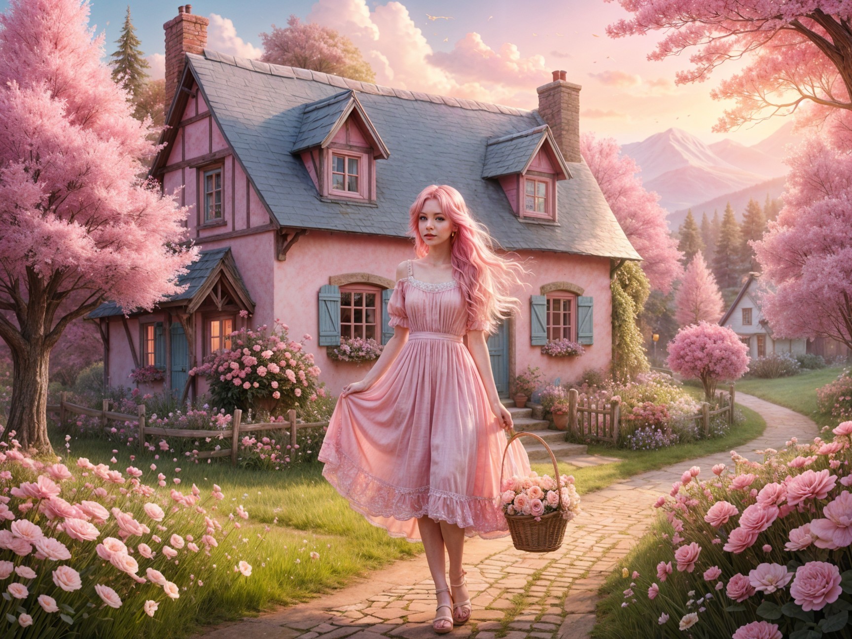 Pastel Cottage Amidst Cherry Blossoms and Gardens